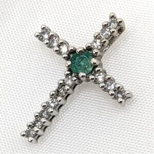 14K White Gold Mini Small Emerald and Diamond Crucifix Cross Pendant Signed AJ